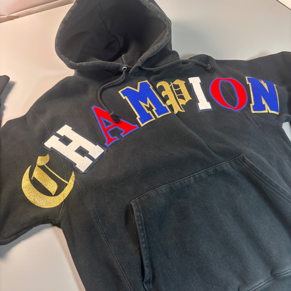 Champion Reverse Weave CHAMPION Embroidered‎ Applique Hoodie Medium Black